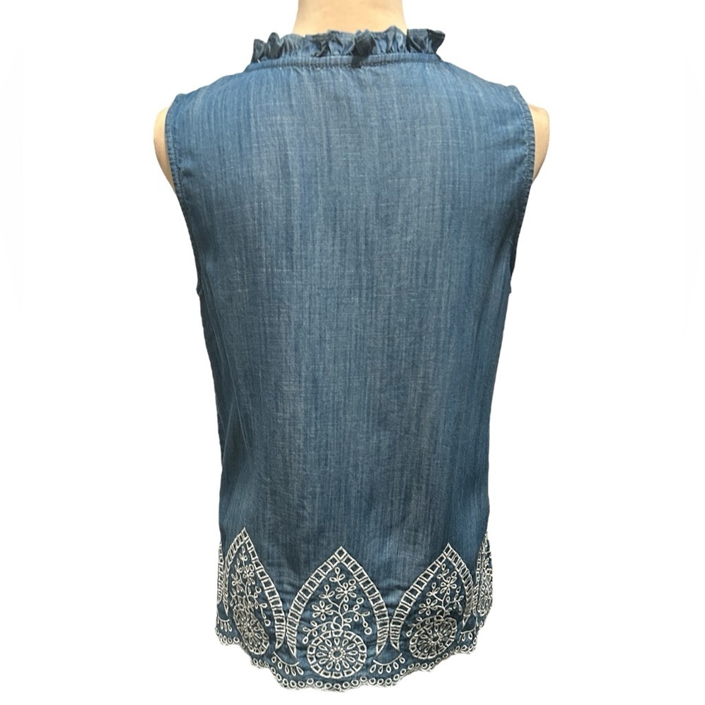 TALBOTS Ruffle Trim Embroidered Denim Shell Blue Tencel Lyocell Womens Sz Small. - Picture 5 of 10
